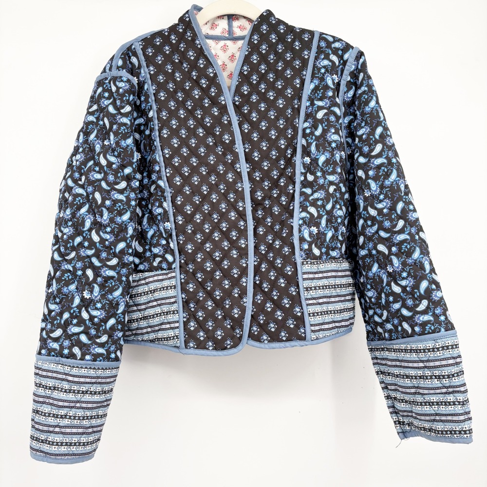 Womens Reversible Quilted Patchwork Boho Floral Cottagecore Jacket Pink Blue M - Picture 6 of 8